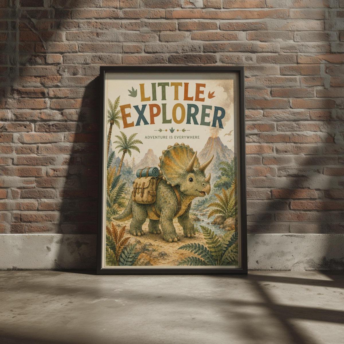 Little Explorer Triceratops Poster, Adventure Nursery Print, Watercolour Jungle Art