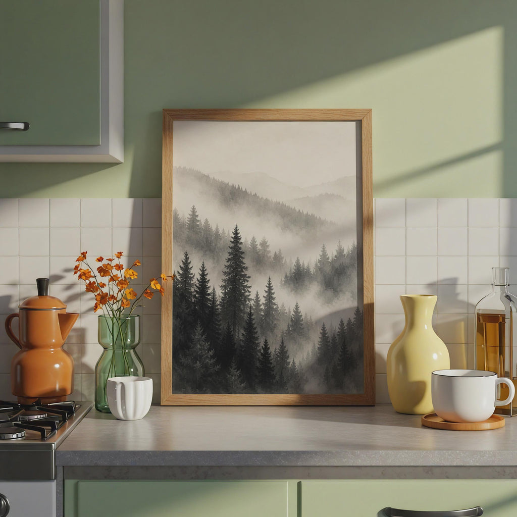 Misty Pine Forest Poster, Monochrome Mountain Wall Art, Watercolor Style Print
