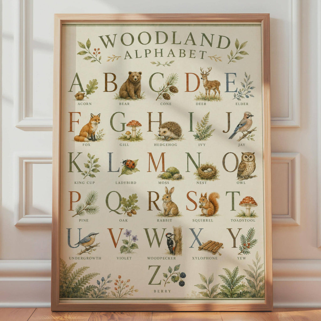 Woodland Alphabet Poster, Forest Animals ABC Print, Watercolour Nature Chart (A4)