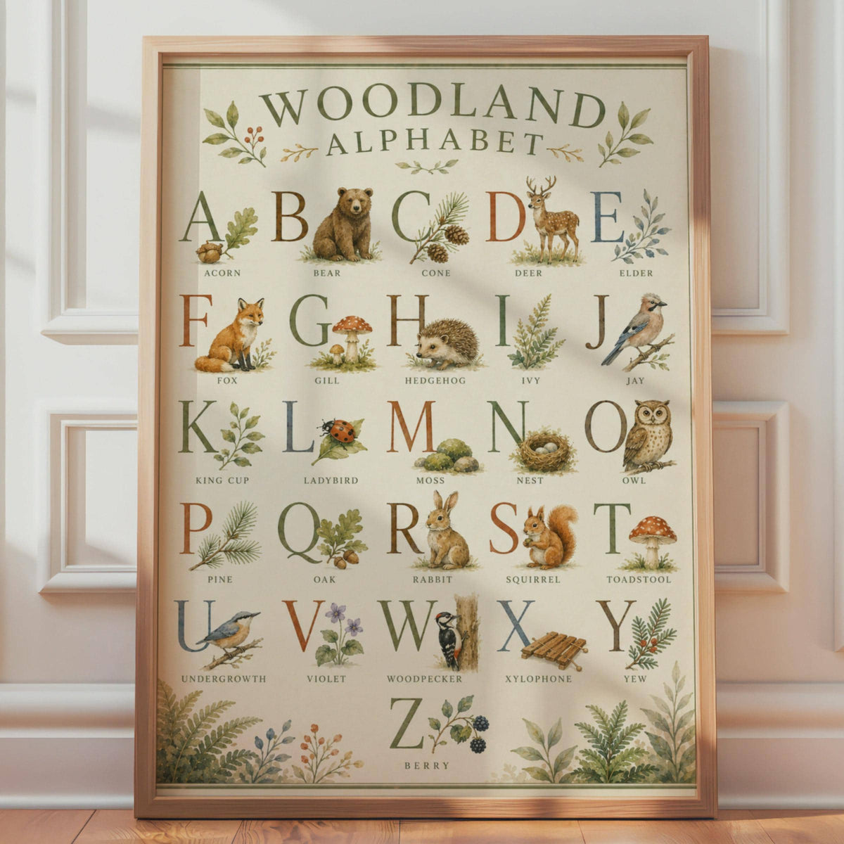 Woodland Alphabet Poster, Forest Animals ABC Print, Watercolour Nature Chart (A4)