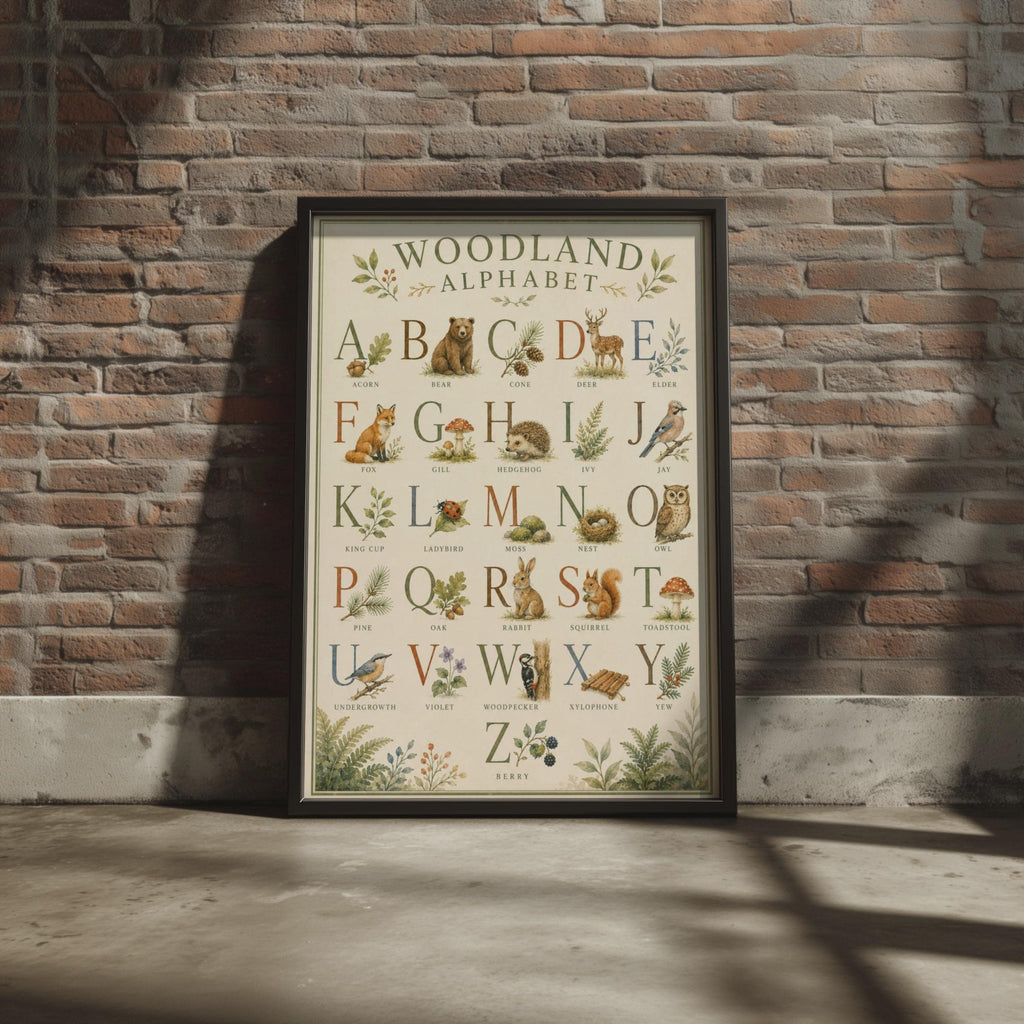 Woodland Alphabet Poster, Forest Animals ABC Print, Watercolour Nature Chart (A4)