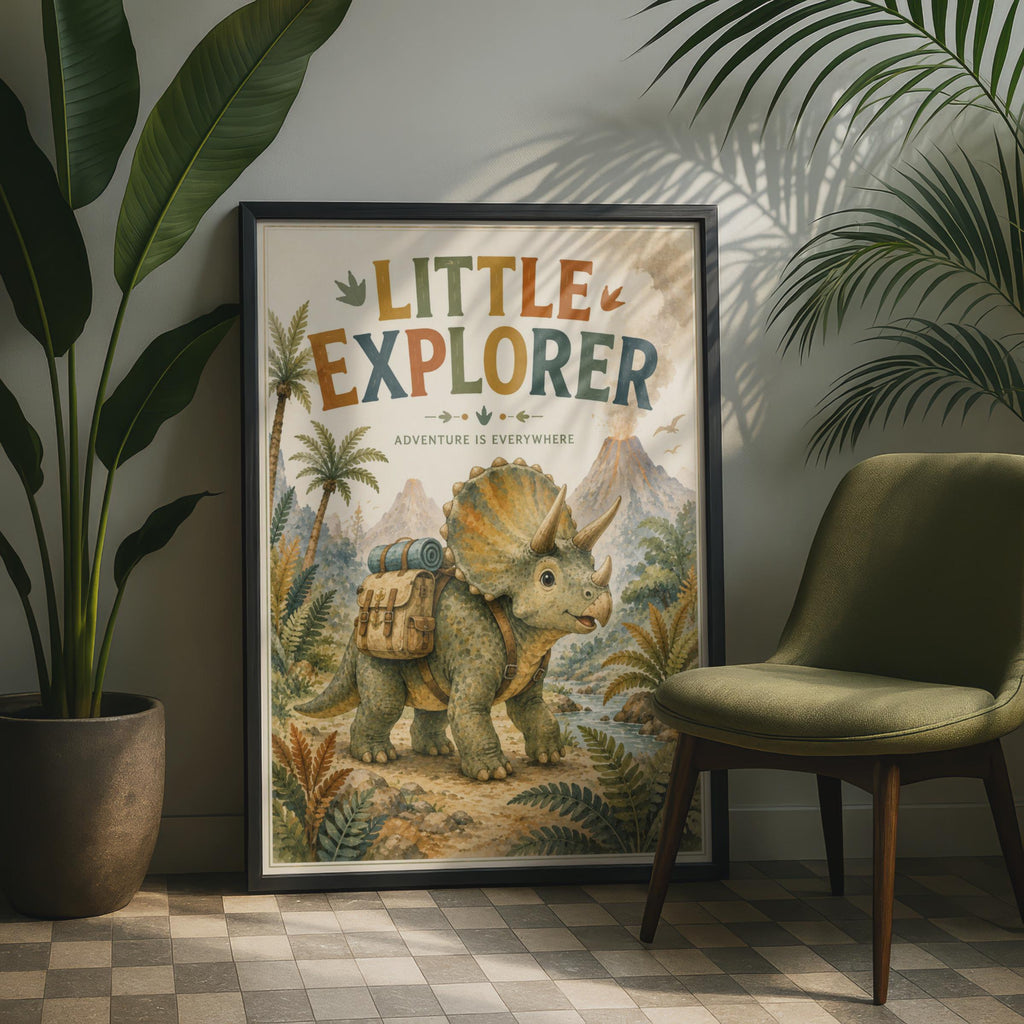 Little Explorer Triceratops Poster, Adventure Nursery Print, Watercolour Jungle Art