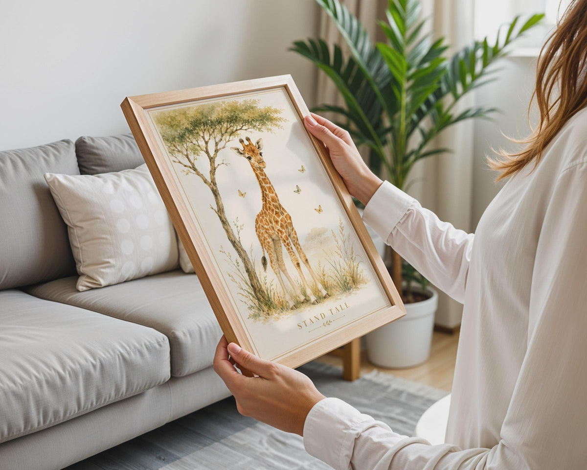 Watercolour Giraffe Nursery Print, Stand Tall Baby Poster, Neutral Boho Kids Decor