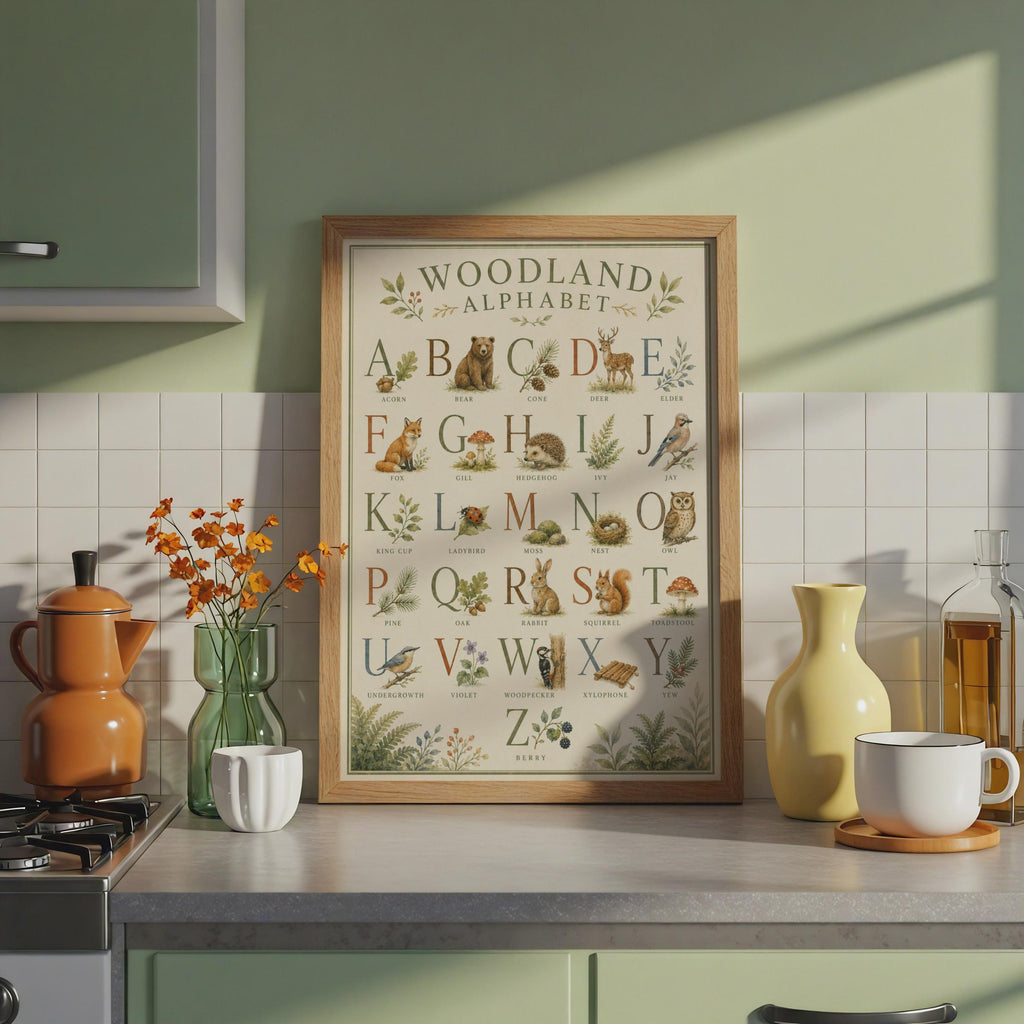 Woodland Alphabet Poster, Forest Animals ABC Print, Watercolour Nature Chart (A4)