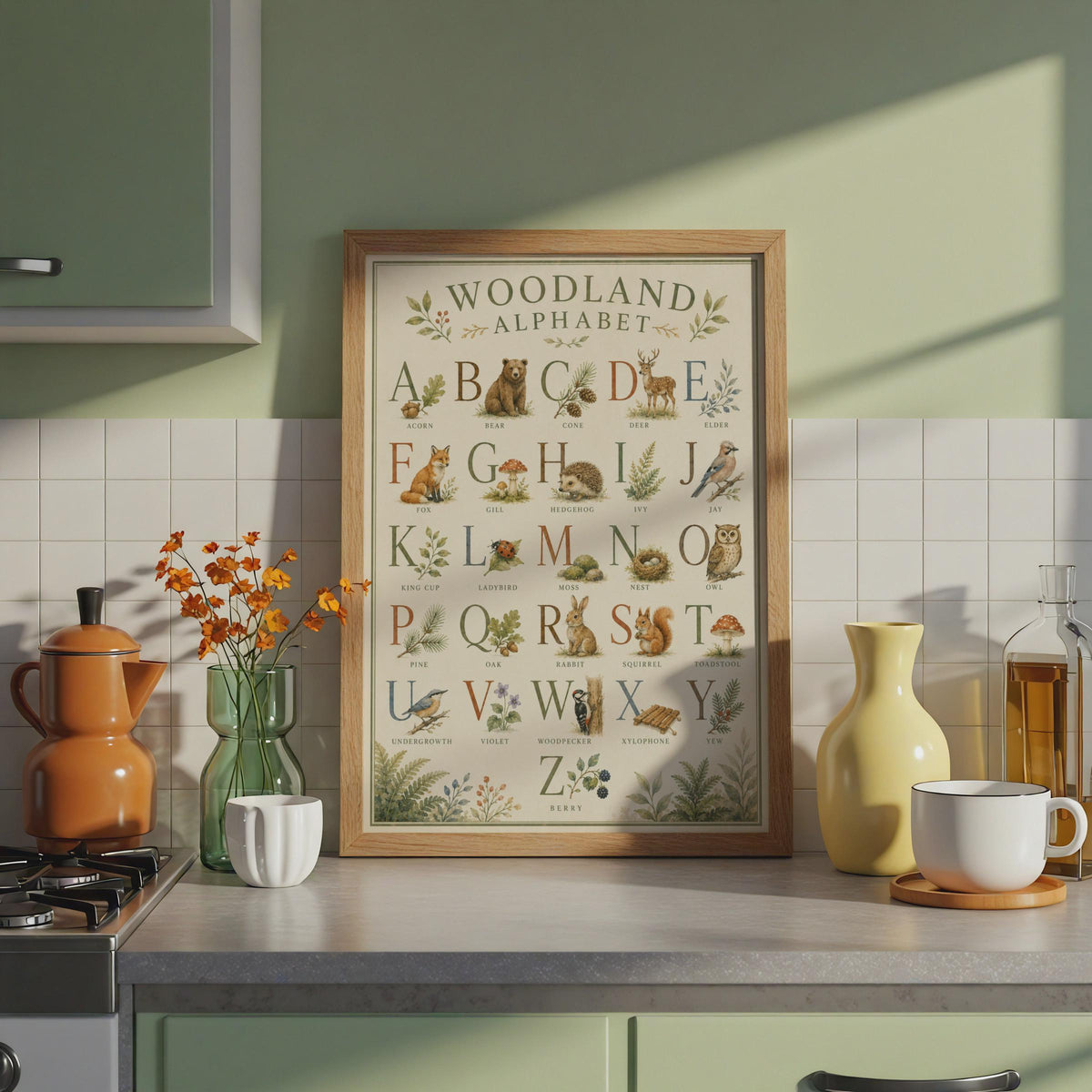Woodland Alphabet Poster, Forest Animals ABC Print, Watercolour Nature Chart (A4)