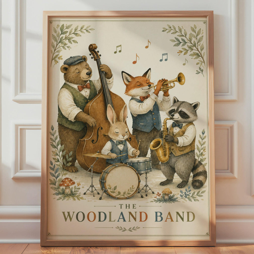 Woodland Band Poster, Forest Animals Jazz Print, Nursery Wall Art