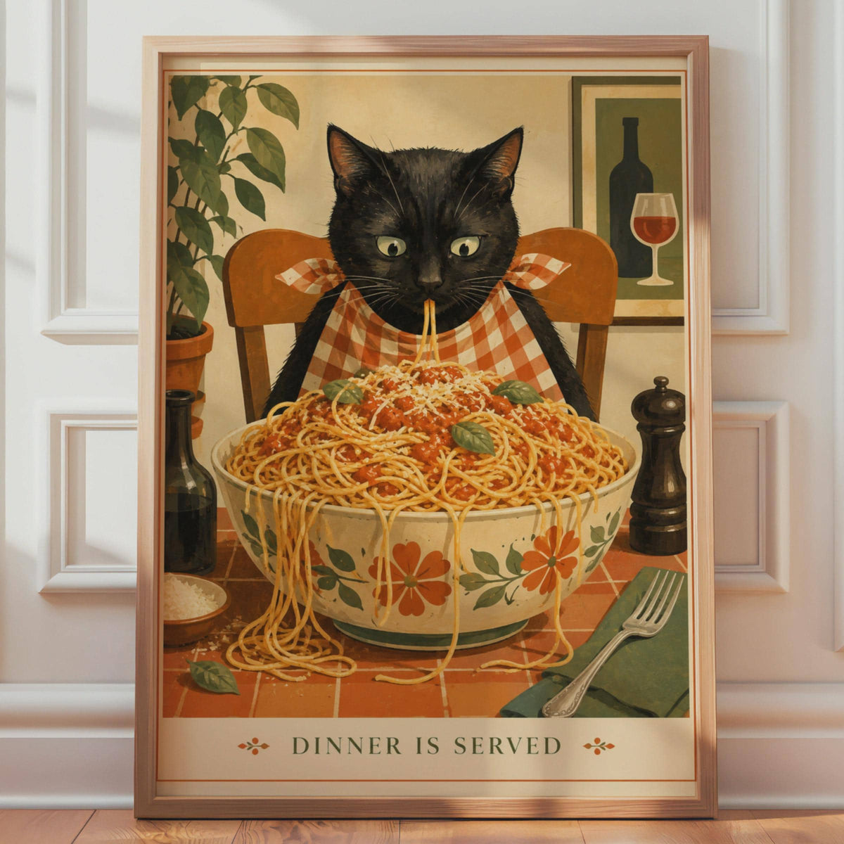 Black Cat Spaghetti Dinner Is Served Poster, Retro Kitchen Wall Art Print