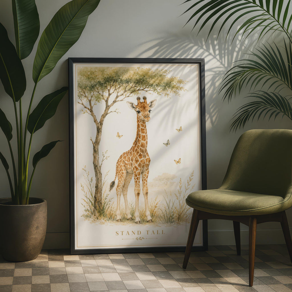 Watercolour Giraffe Nursery Print, Stand Tall Baby Poster, Neutral Boho Kids Decor