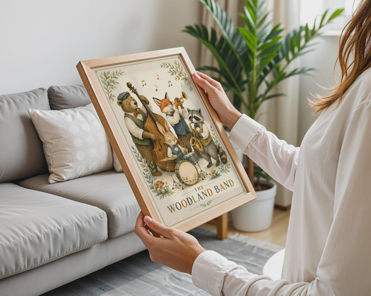 Woodland Band Poster, Forest Animals Jazz Print, Nursery Wall Art
