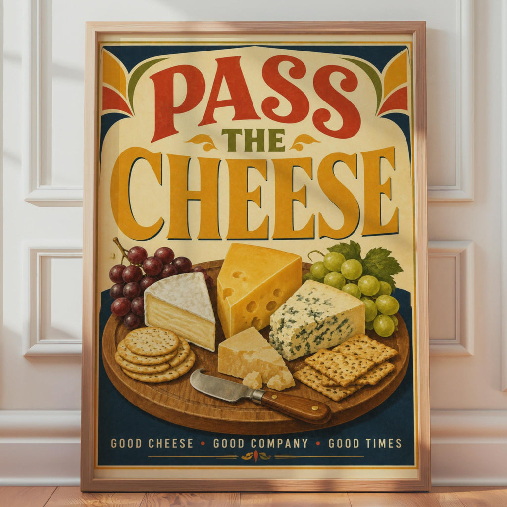 Pass The Cheese Poster, Retro Cheeseboard Wall Art, Food Lover Gift (Print)