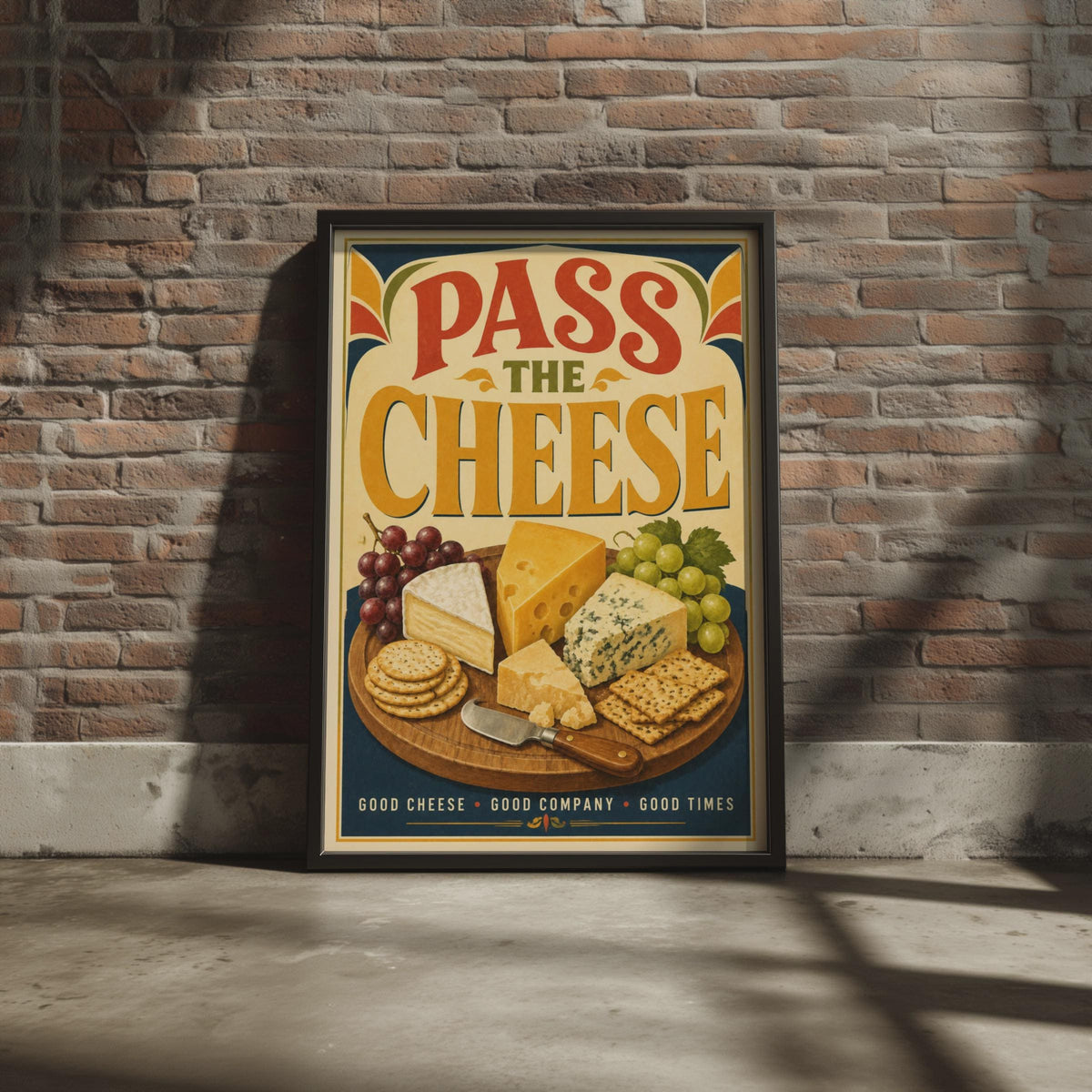 Pass The Cheese Poster, Retro Cheeseboard Wall Art, Food Lover Gift (Print)
