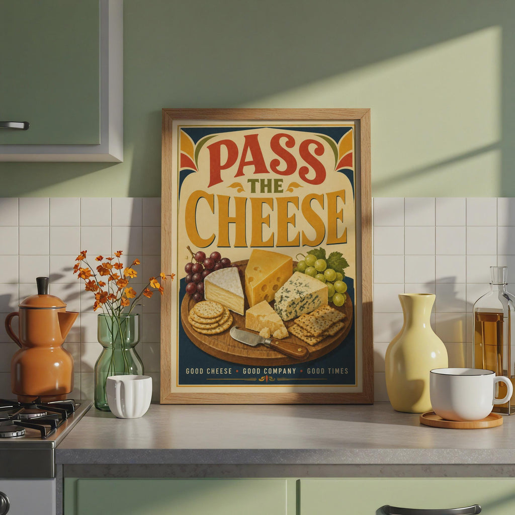 Pass The Cheese Poster, Retro Cheeseboard Wall Art, Food Lover Gift (Print)