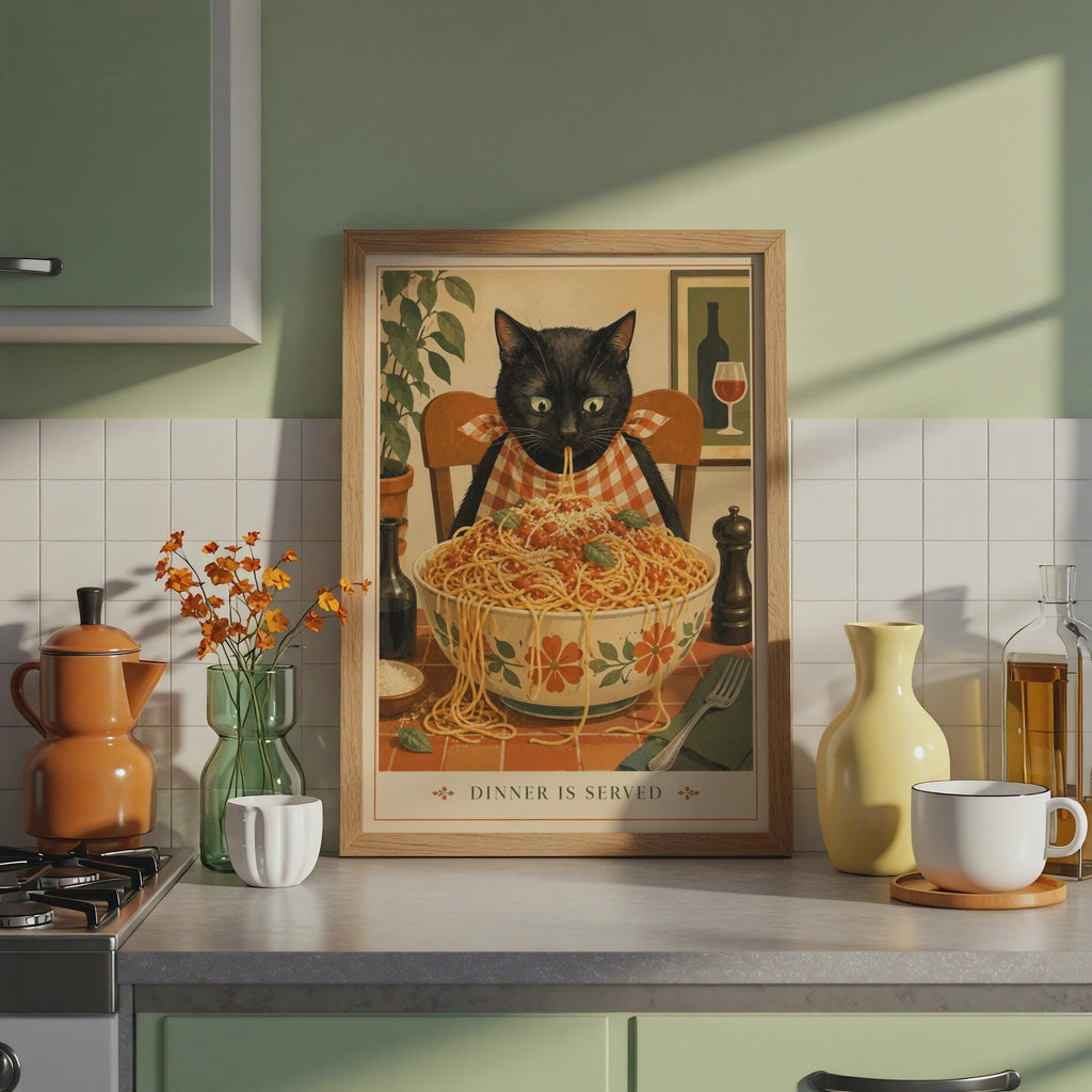 Black Cat Spaghetti Dinner Is Served Poster, Retro Kitchen Wall Art Print