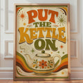 Retro 70s Tea Poster, British Typography, Floral Teapot, Groovy Kitchen Wall Art