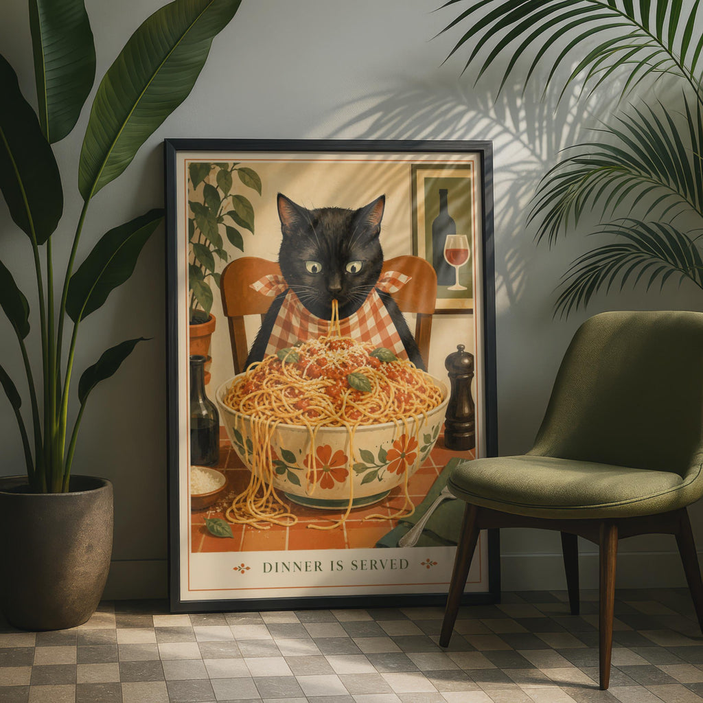 Black Cat Spaghetti Dinner Is Served Poster, Retro Kitchen Wall Art Print