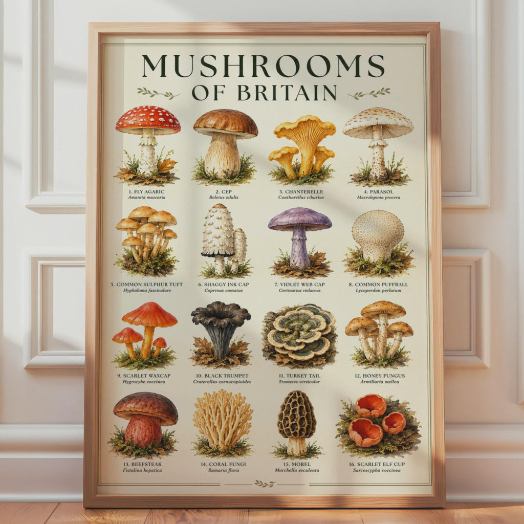 Mushrooms of Britain Watercolour Poster, Botanical Fungi Wall Art Print