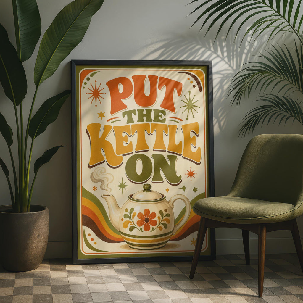Retro 70s Tea Poster, British Typography, Floral Teapot, Groovy Kitchen Wall Art