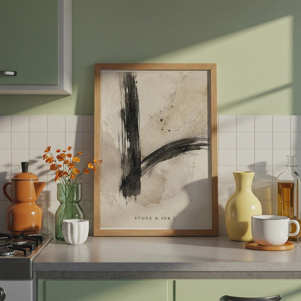 Stone & Ink Abstract Poster, Japanese Brush Stroke Art, Wabi Sabi Wall Decor (A4 Series)