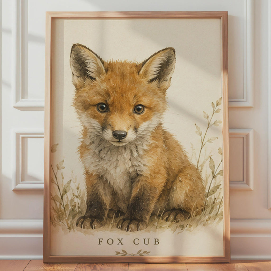Watercolour Fox Cub Print, British Wildlife Nursery Art, Woodland Decor