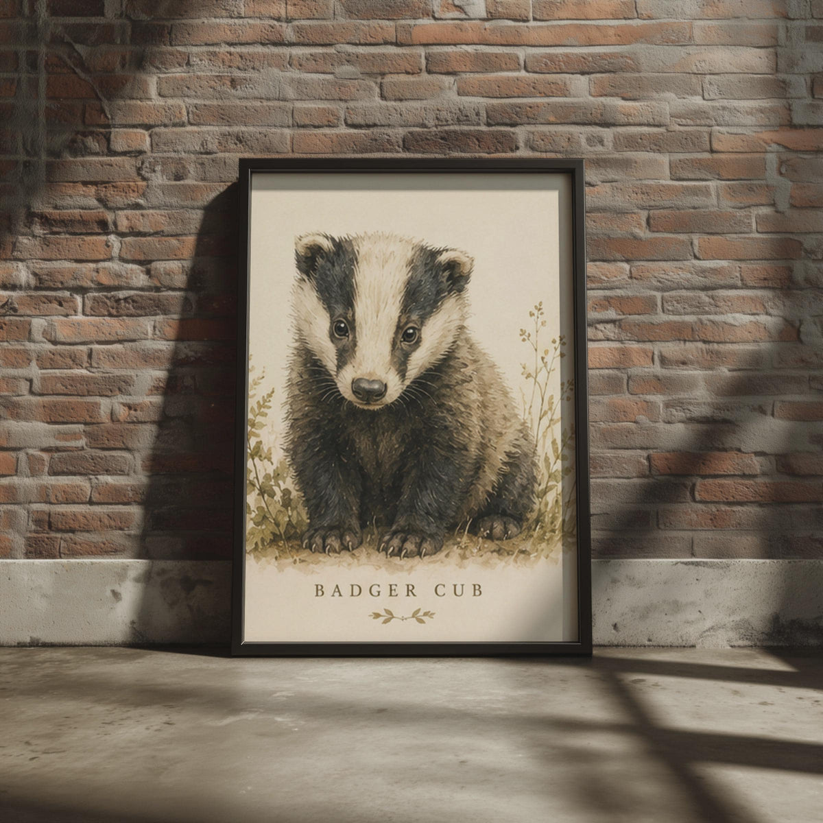 British Badger Cub Watercolour Print, Vintage Nursery Wall Art (A4)