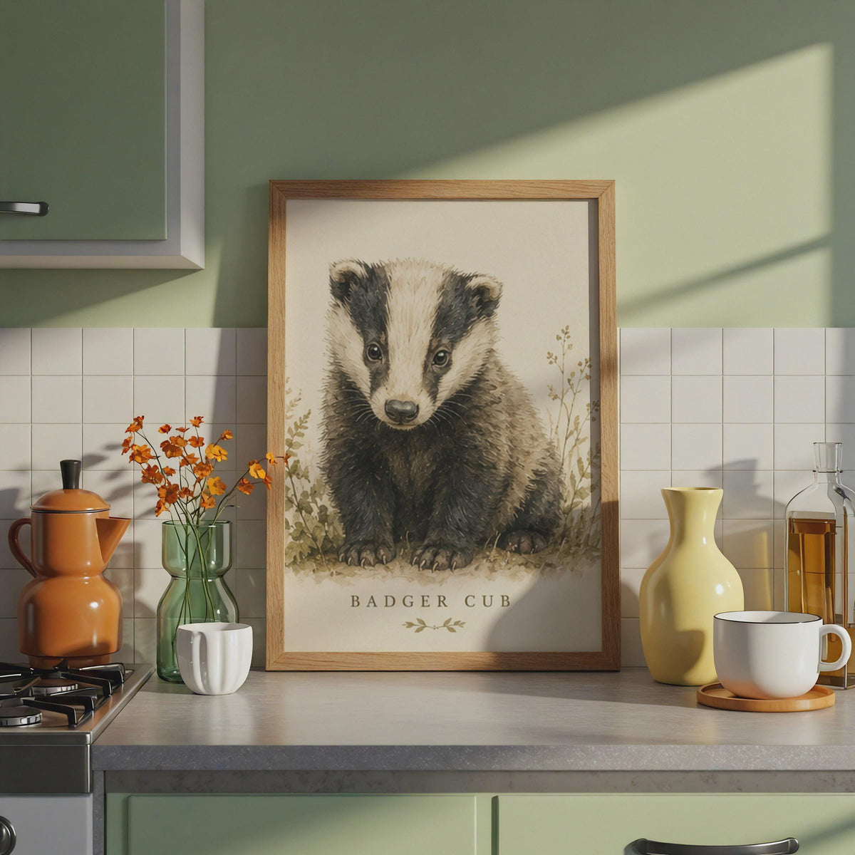 British Badger Cub Watercolour Print, Vintage Nursery Wall Art (A4)