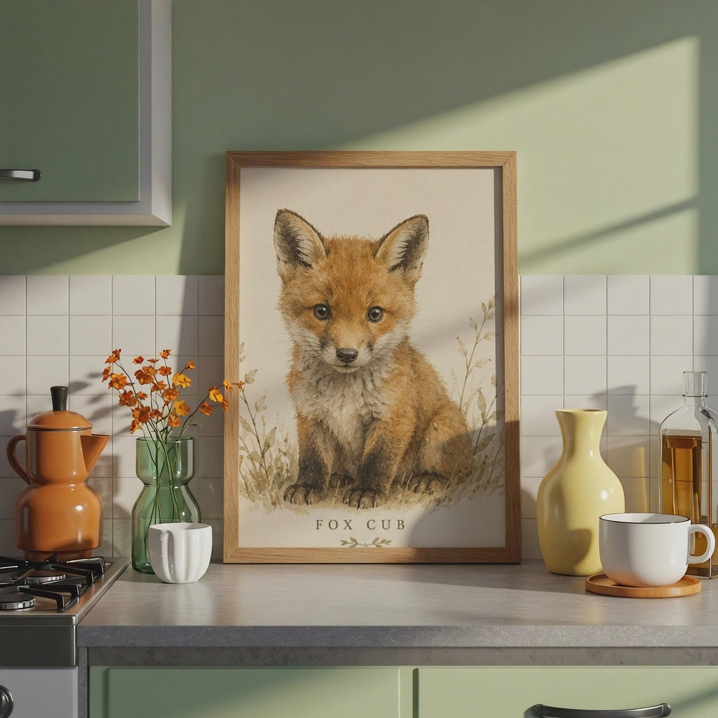 Watercolour Fox Cub Print, British Wildlife Nursery Art, Woodland Decor