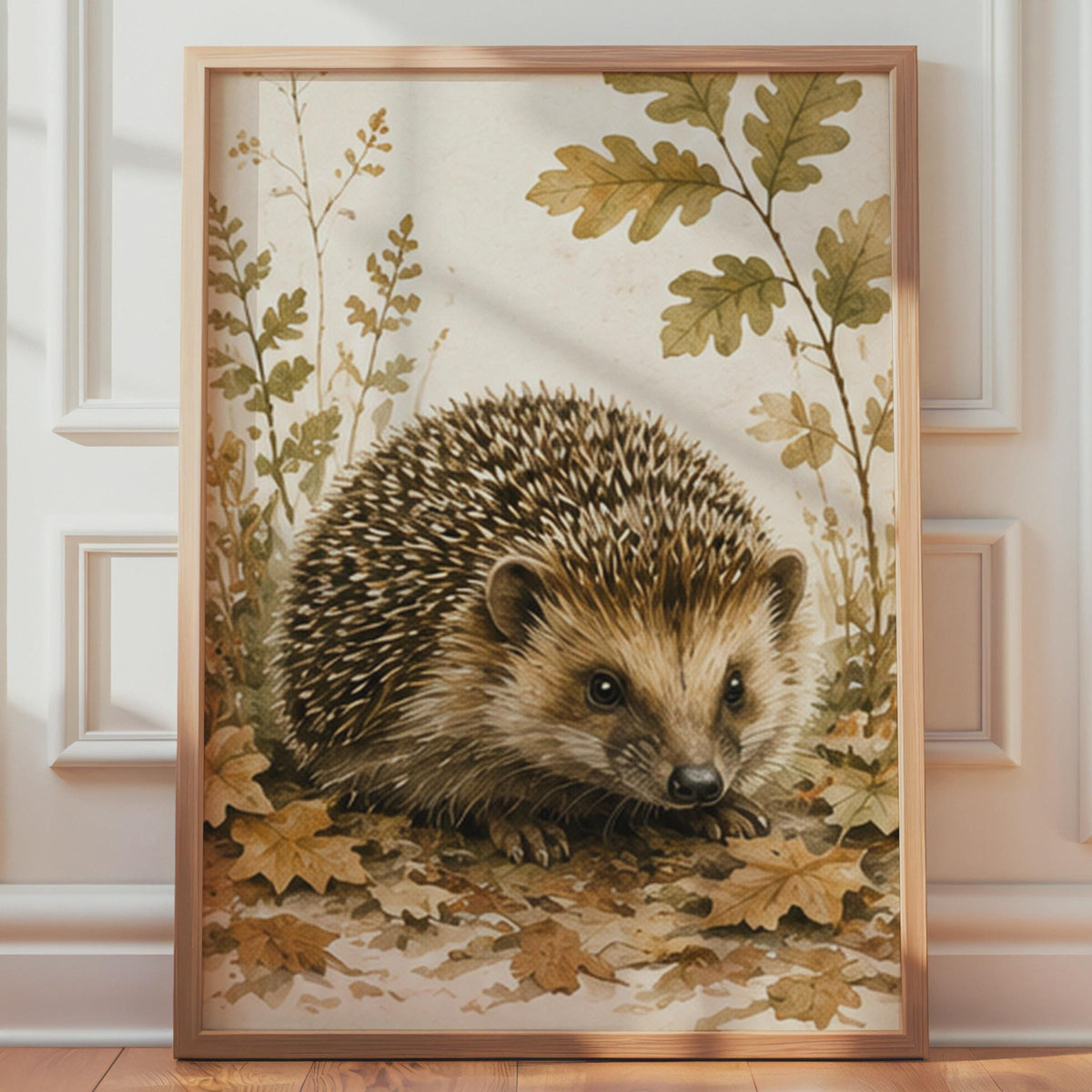 British Hedgehog Watercolour Print, Autumn Leaves, Woodland Wildlife Art (Poster)