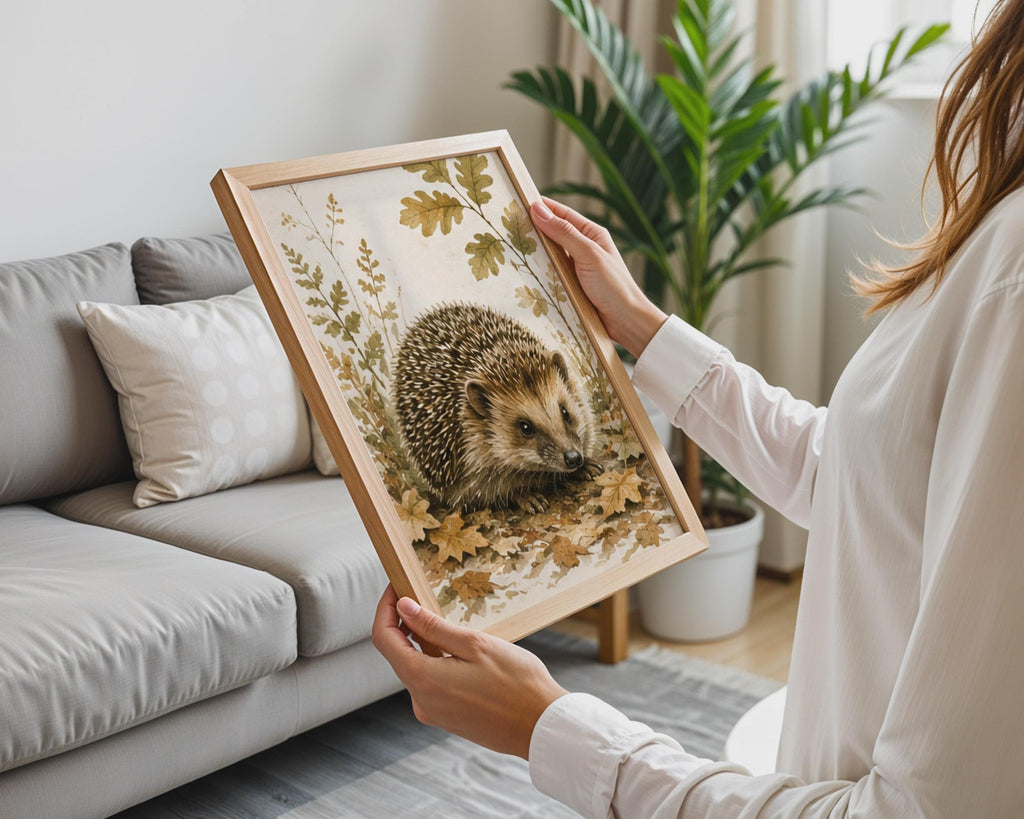British Hedgehog Watercolour Print, Autumn Leaves, Woodland Wildlife Art (Poster)