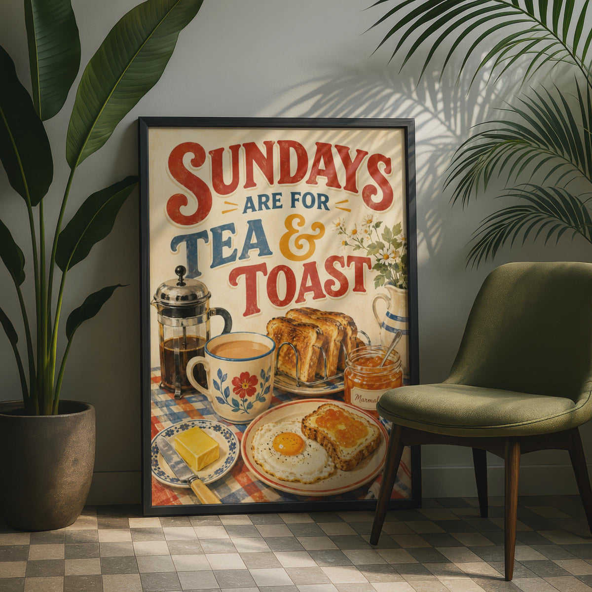 Retro British Breakfast Poster, Tea & Toast, Vintage Kitchen Wall Art (Printed)