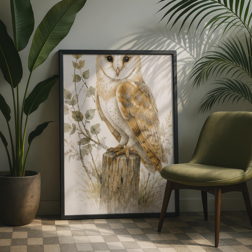 Barn Owl Watercolour Print, British Wildlife, Neutral Tones (A4)