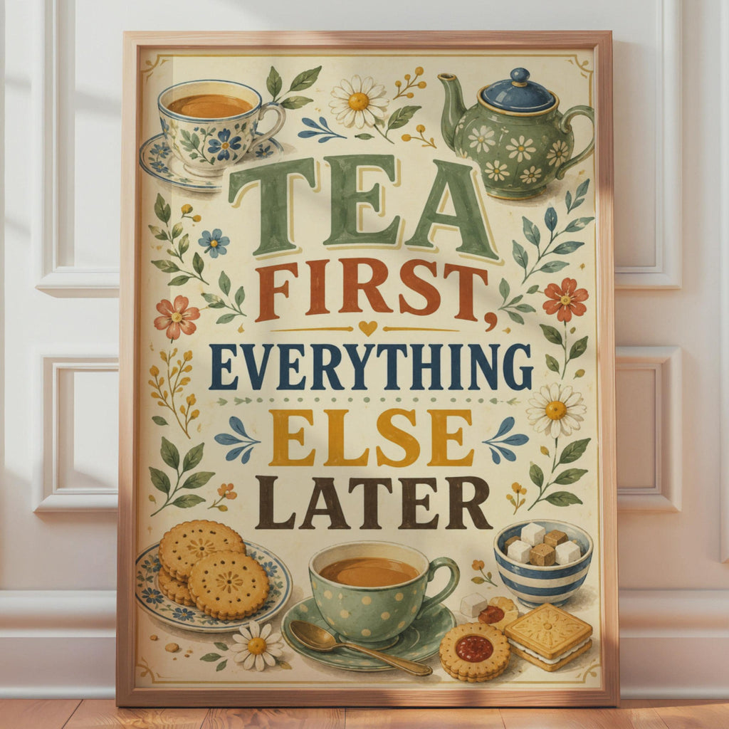 Tea First Everything Else Later Poster, Floral Kitchen Wall Art, British Humour Gift