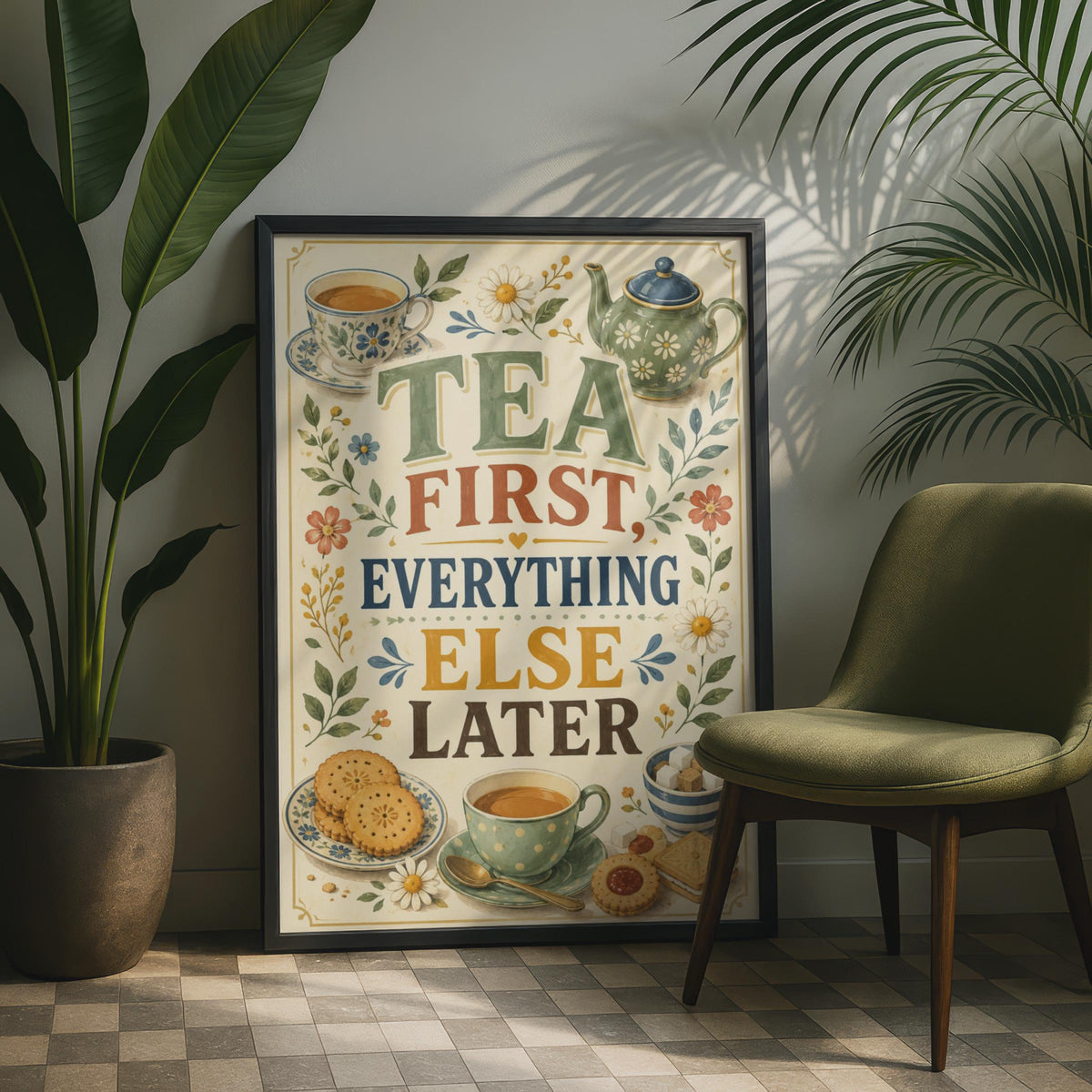 Tea First Everything Else Later Poster, Floral Kitchen Wall Art, British Humour Gift