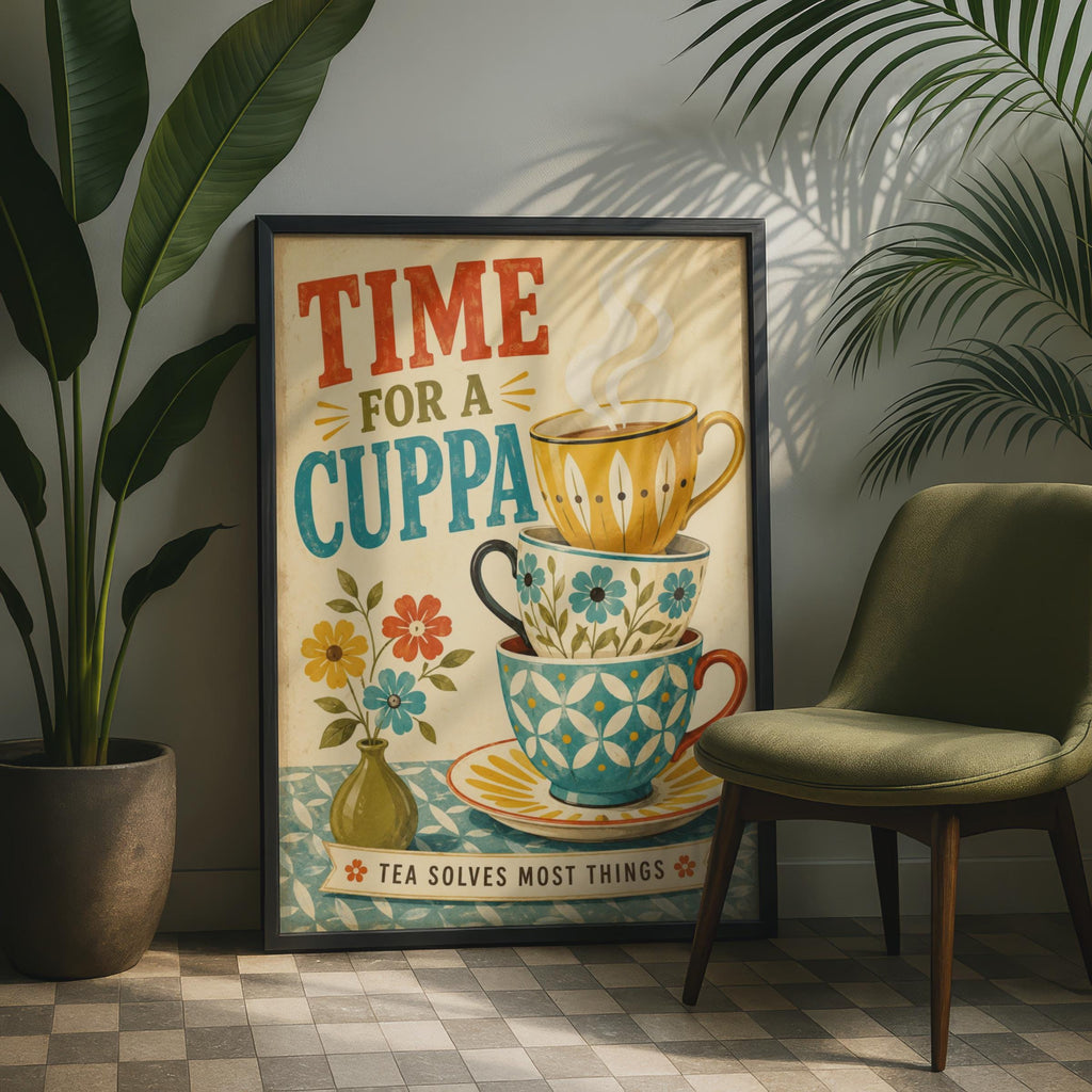Retro British Tea Poster, Vintage Floral Cuppa Print, Mid-Century Kitchen Wall Art