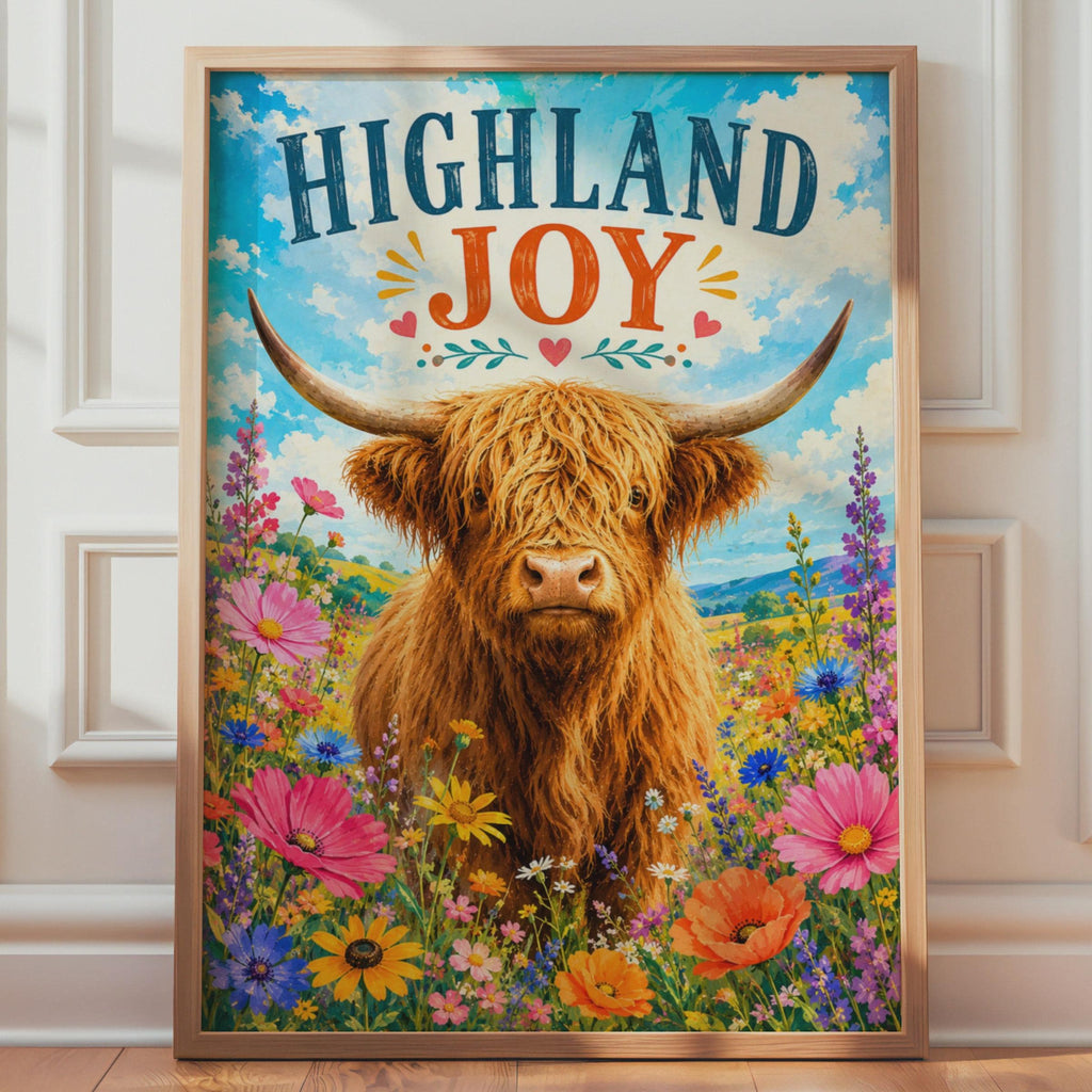 Highland Cow Wildflower Poster, Scottish Folk Art Print, Country Kitchen Decor