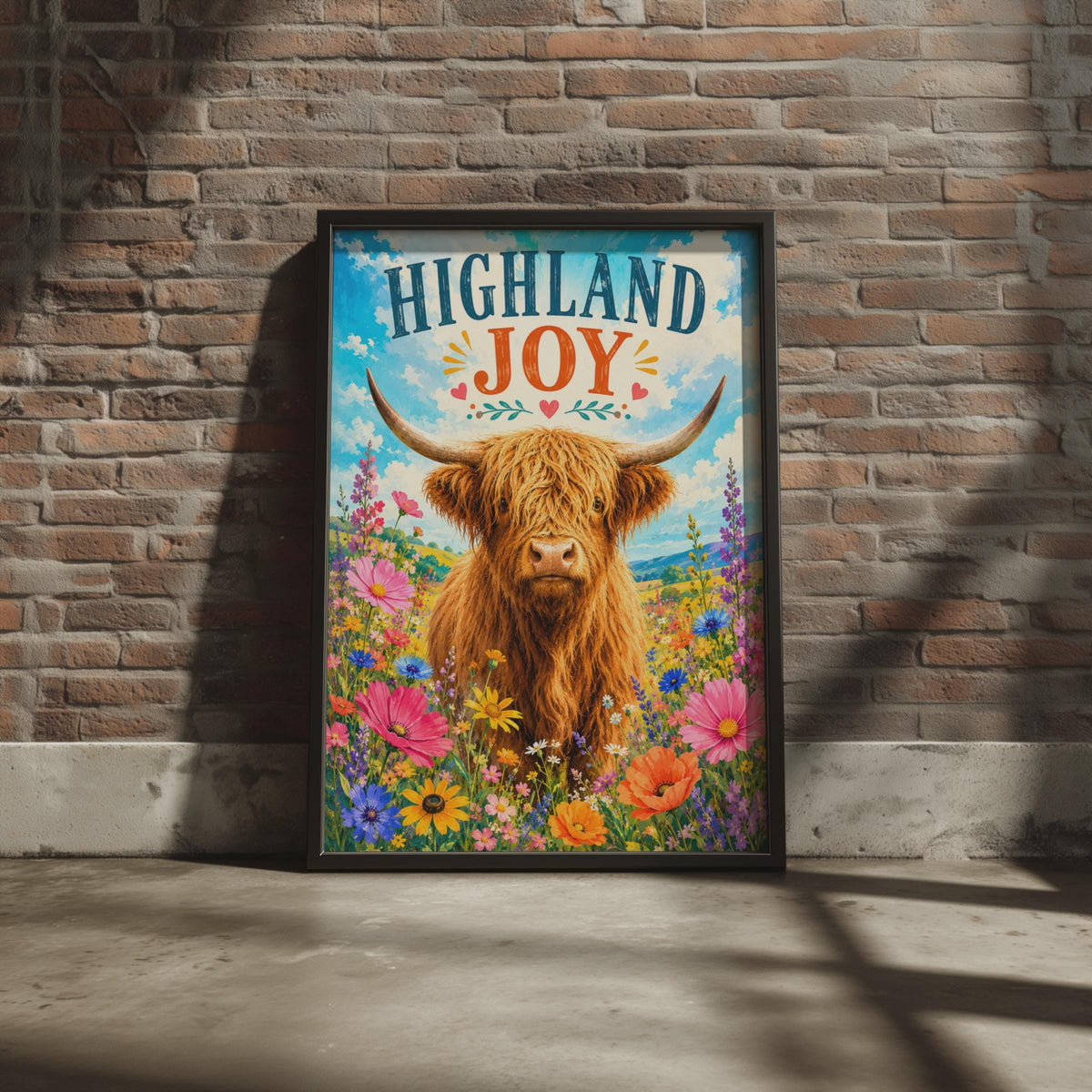 Highland Cow Wildflower Poster, Scottish Folk Art Print, Country Kitchen Decor