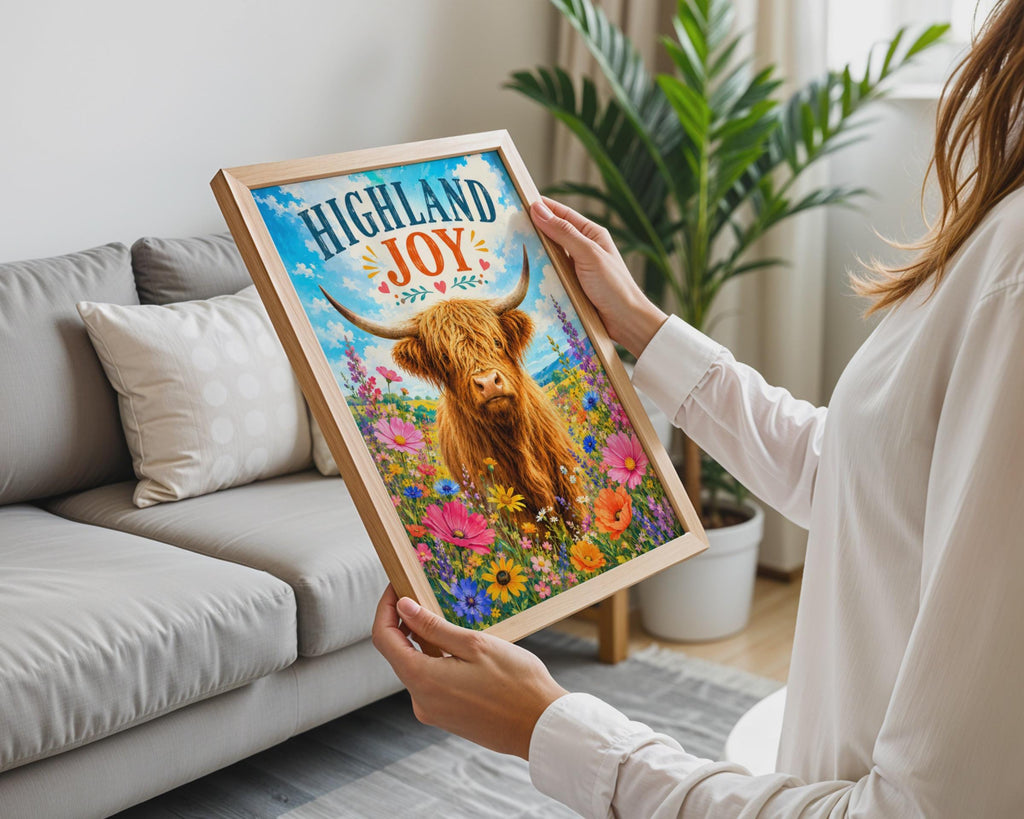 Highland Cow Wildflower Poster, Scottish Folk Art Print, Country Kitchen Decor