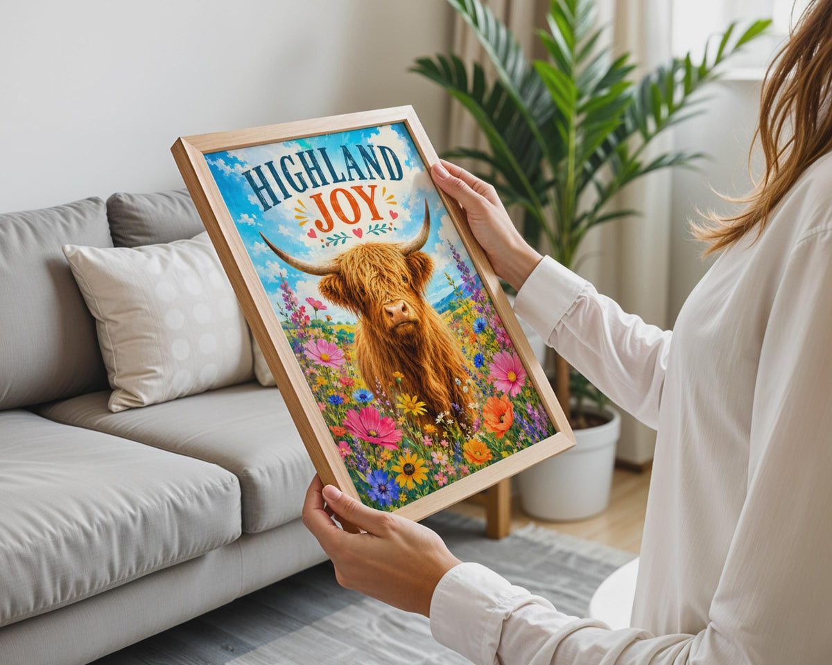 Highland Cow Wildflower Poster, Scottish Folk Art Print, Country Kitchen Decor