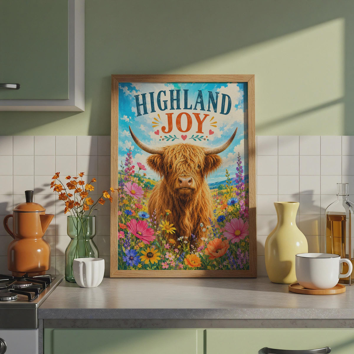 Highland Cow Wildflower Poster, Scottish Folk Art Print, Country Kitchen Decor