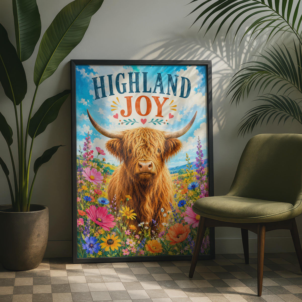 Highland Cow Wildflower Poster, Scottish Folk Art Print, Country Kitchen Decor