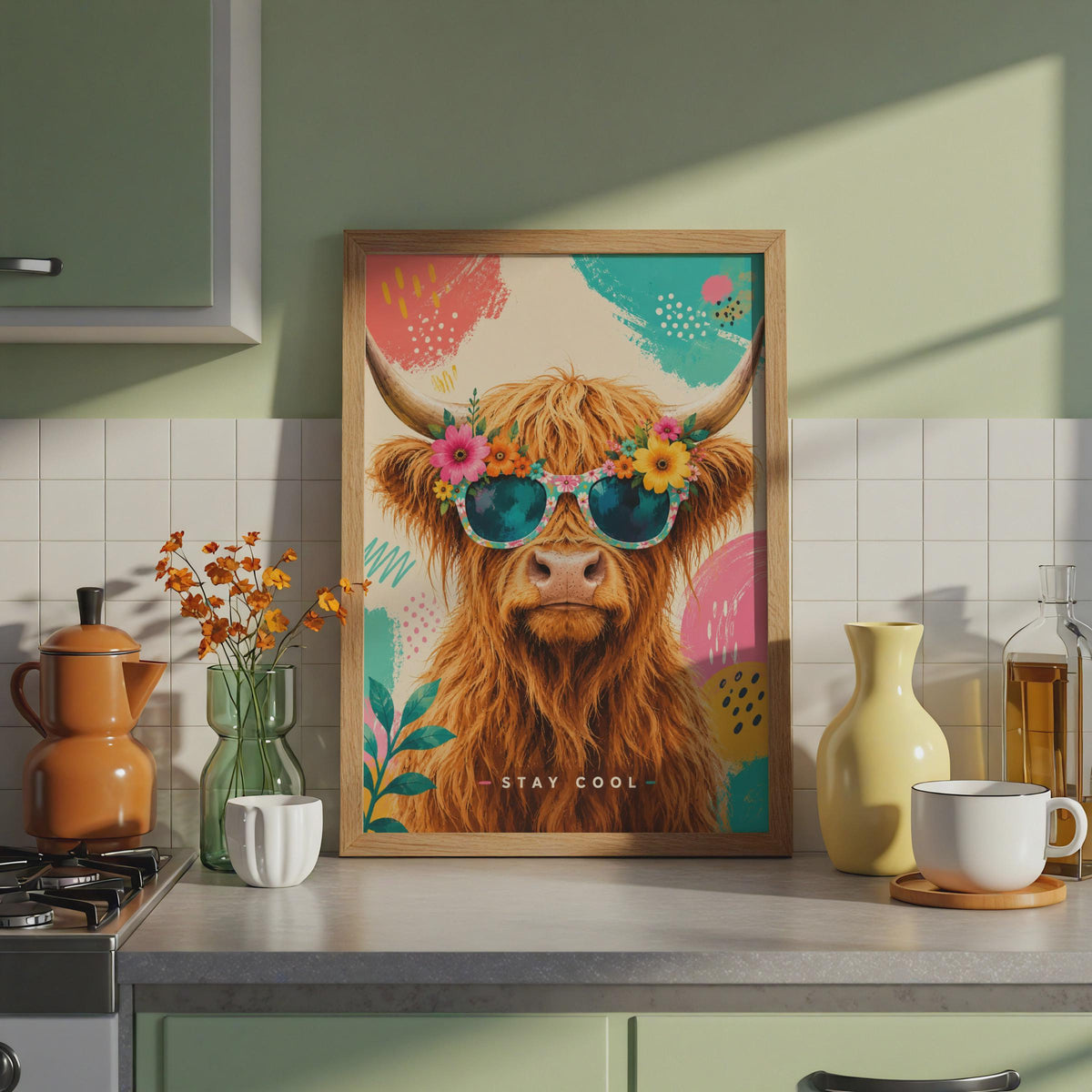Highland Cow Sunglasses Poster, Floral Crown, Pop Art Wall Art (A4)