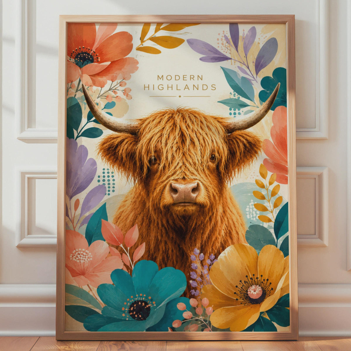 Modern Highlands Cow Floral Print, Botanical Animal Wall Art (Digital Download)