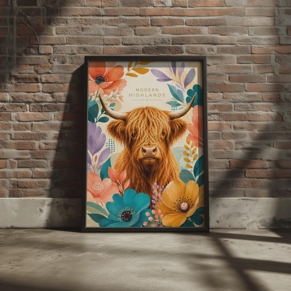 Modern Highlands Cow Floral Print, Botanical Animal Wall Art (Digital Download)