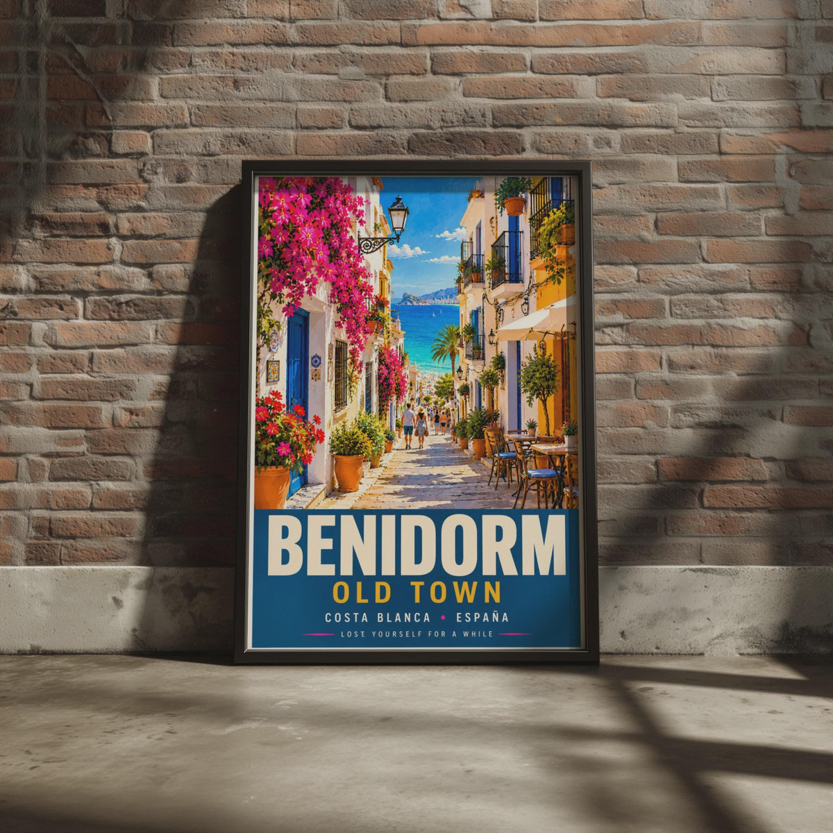 Benidorm Old Town Travel Poster, Costa Blanca Spain, Mediterranean Street Scene (Print)