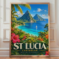 St Lucia Travel Poster, Pitons, Sailboat, Hibiscus, Caribbean Wall Art