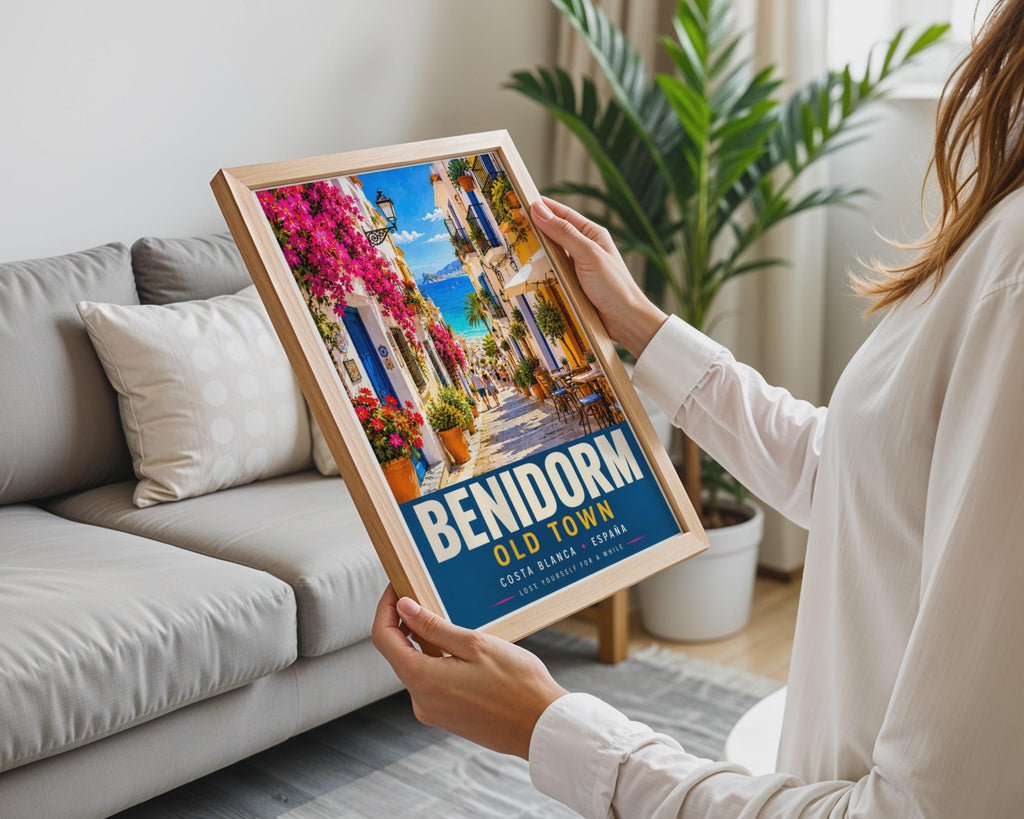 Benidorm Old Town Travel Poster, Costa Blanca Spain, Mediterranean Street Scene (Print)