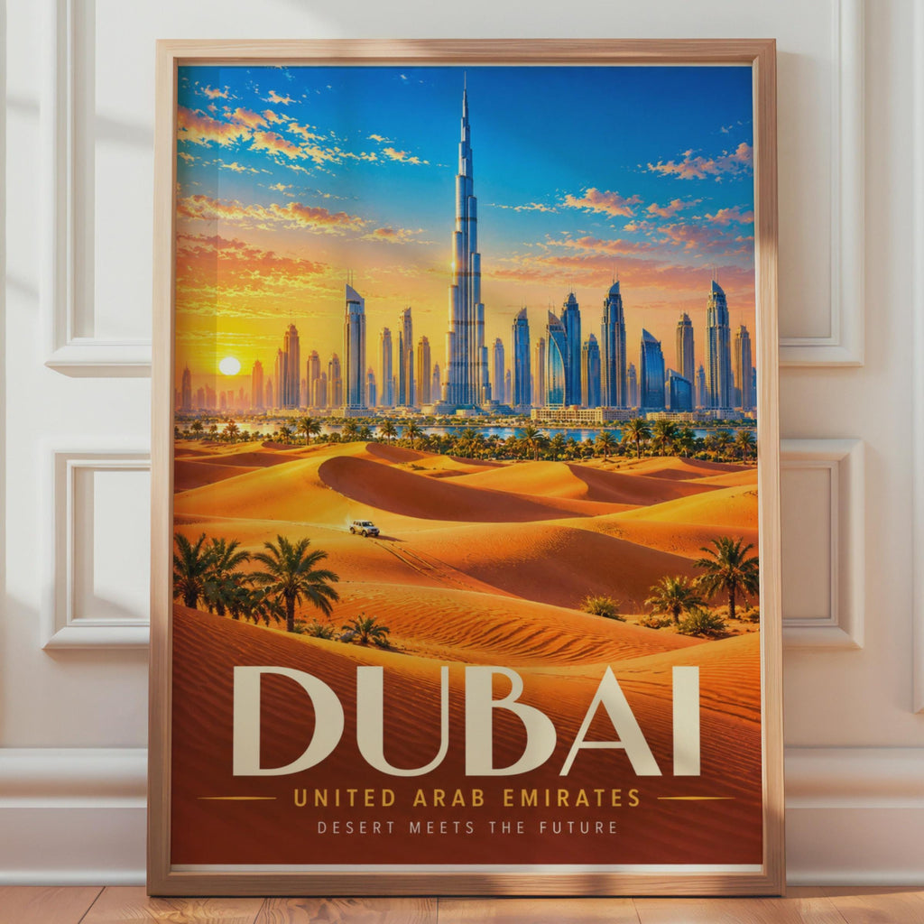 Dubai Travel Poster, Burj Khalifa Skyline, Desert Sunset (Print)