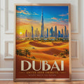 Dubai Travel Poster, Burj Khalifa Skyline, Desert Sunset (Print)