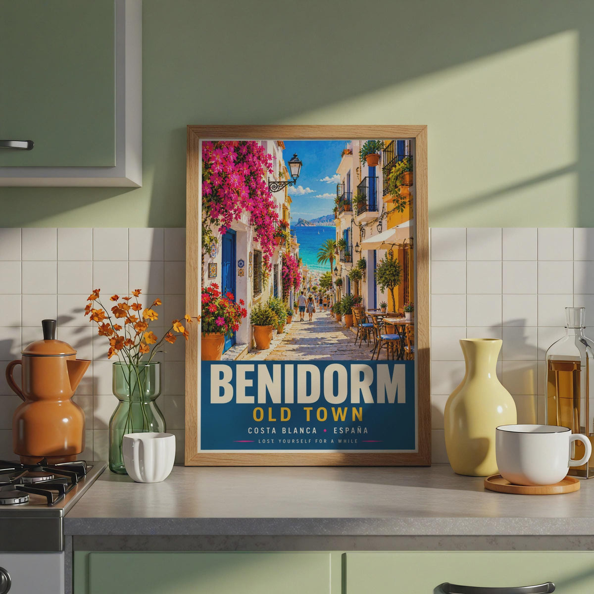 Benidorm Old Town Travel Poster, Costa Blanca Spain, Mediterranean Street Scene (Print)