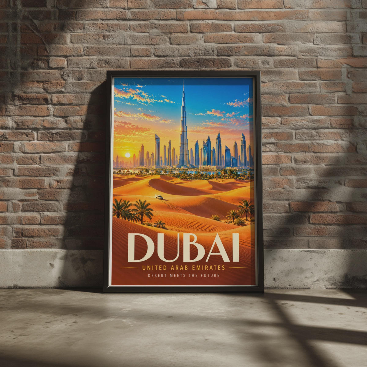 Dubai Travel Poster, Burj Khalifa Skyline, Desert Sunset (Print)