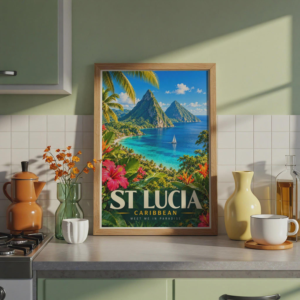 St Lucia Travel Poster, Pitons, Sailboat, Hibiscus, Caribbean Wall Art